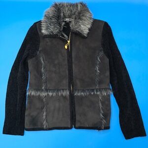 Lisa International Women's Black Faux Suede Fur Trimmed Knit Sweater Jacket